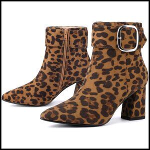 Pointed Toe Chunky Heel Ankle Boots with Square Buckle Decor